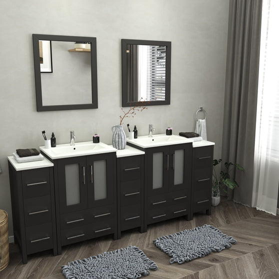 London 84" Double Sink Bathroom Vanity Set with Sink and Mirrors - 3 Side Cabinets